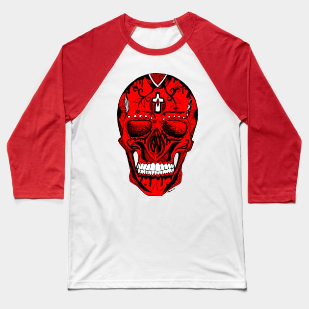 Red and Black Day of the Dead Skull Baseball T-Shirt by kenallouis